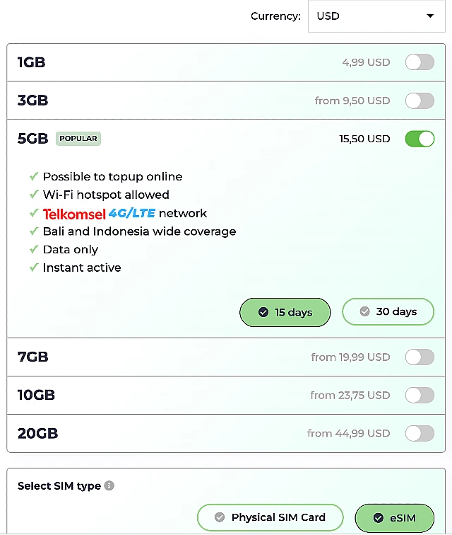 prices simcards in Bali internet connection GB